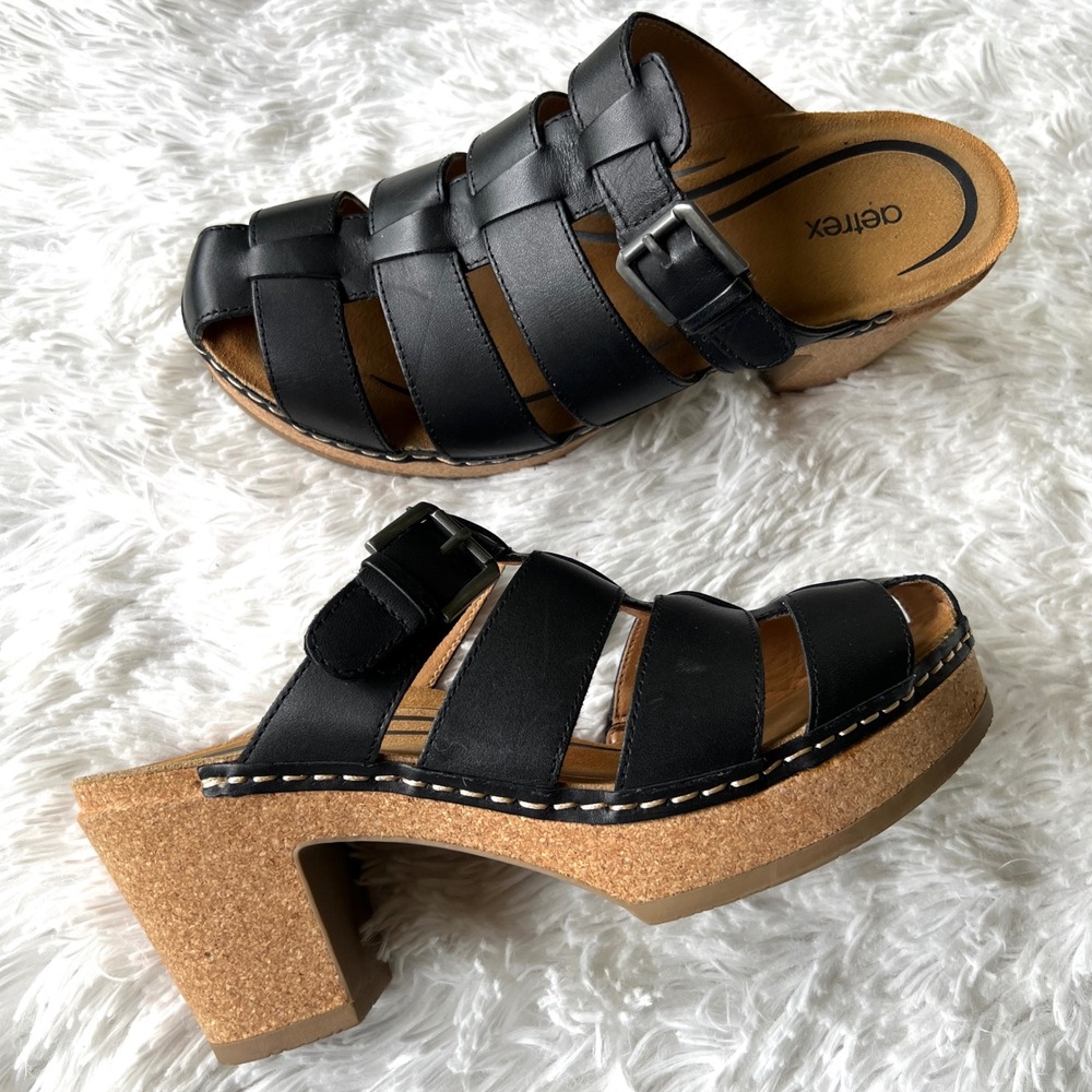 Aetrex Cally Fisherman Cork‎ Heel Clog Black Leather Buckle Size 8.5